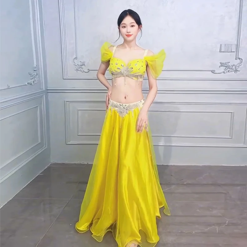 ベリーダンスパフォーマンスコスチューム女性用シニアABストーンブラジャー+ロングスカート2ピースオリエンタルダンスプロフェッショナル競技服