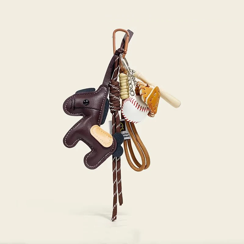 Fashion Leather Pony Keychain Bag Pendant Nylon Rope Baseball Badminton Pingpong Key Holder Pendant Keychain Decor Gift