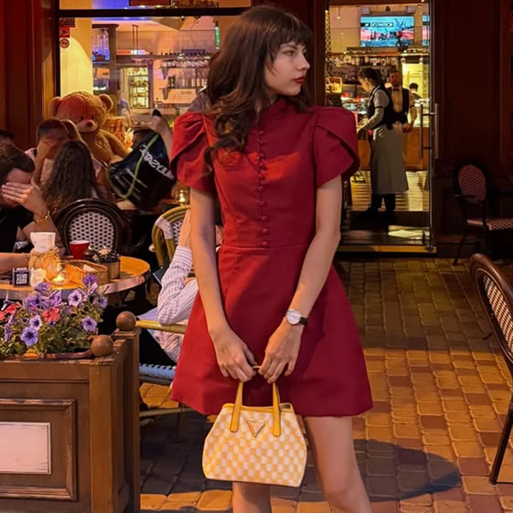 

Talenza Luxury Evening Dress Summer Pink Stand Neck High Waist Bubble Sleeve A-line Dress Elegant Patchwork Fashion Women Dress