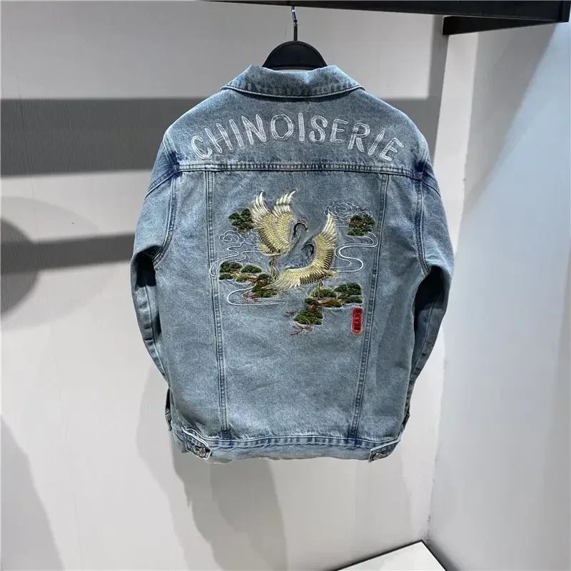 Male Jean Coats Autumn Pattern Men\'s Denim Jacket with Embroidery Blue Y2k High Quality Cowboy Fashion Loose G Trendy Cowgirl