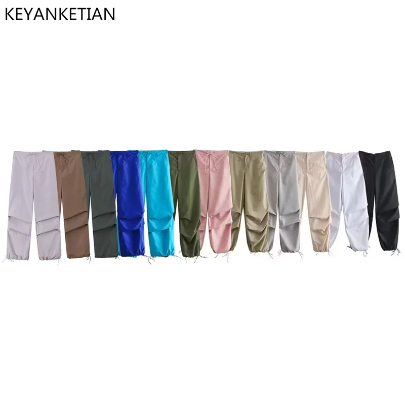 

KEYANKETIAN New Drawstring Lace-up Elastic High Waist Jogging Pants Women's Drawstring Pleated Design Loose Wide Leg Pants