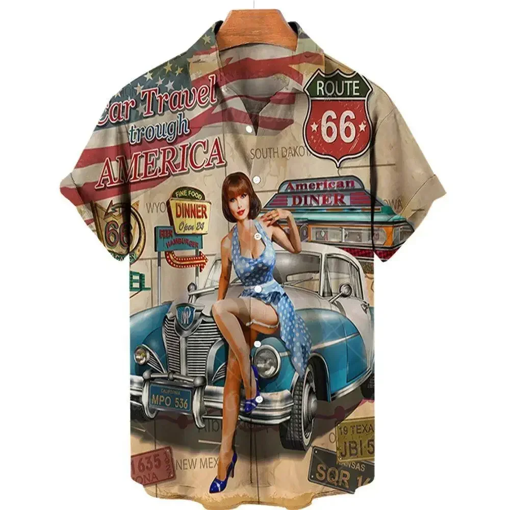 66 Road Print Retro Classic Car Pattern Men's Short Sleeve Shirt Hip-Hop Car Party Party Wear Oversized Top