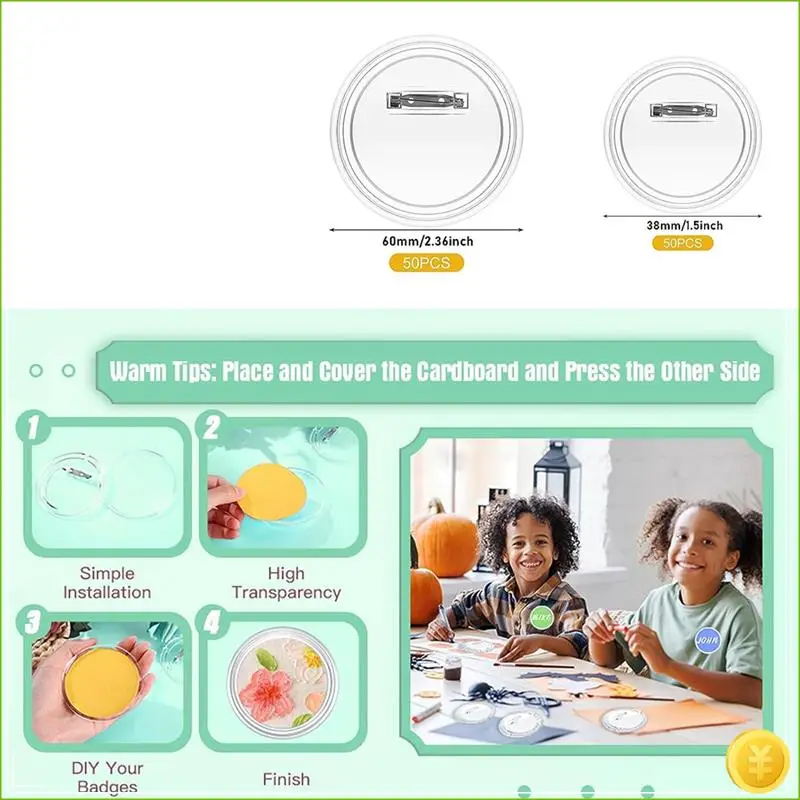 50PCS 2.36Inch Button Maker DIY Button Pins, Acrylic Design Button Badge Clear Button Pin Badges Durable Easy Install