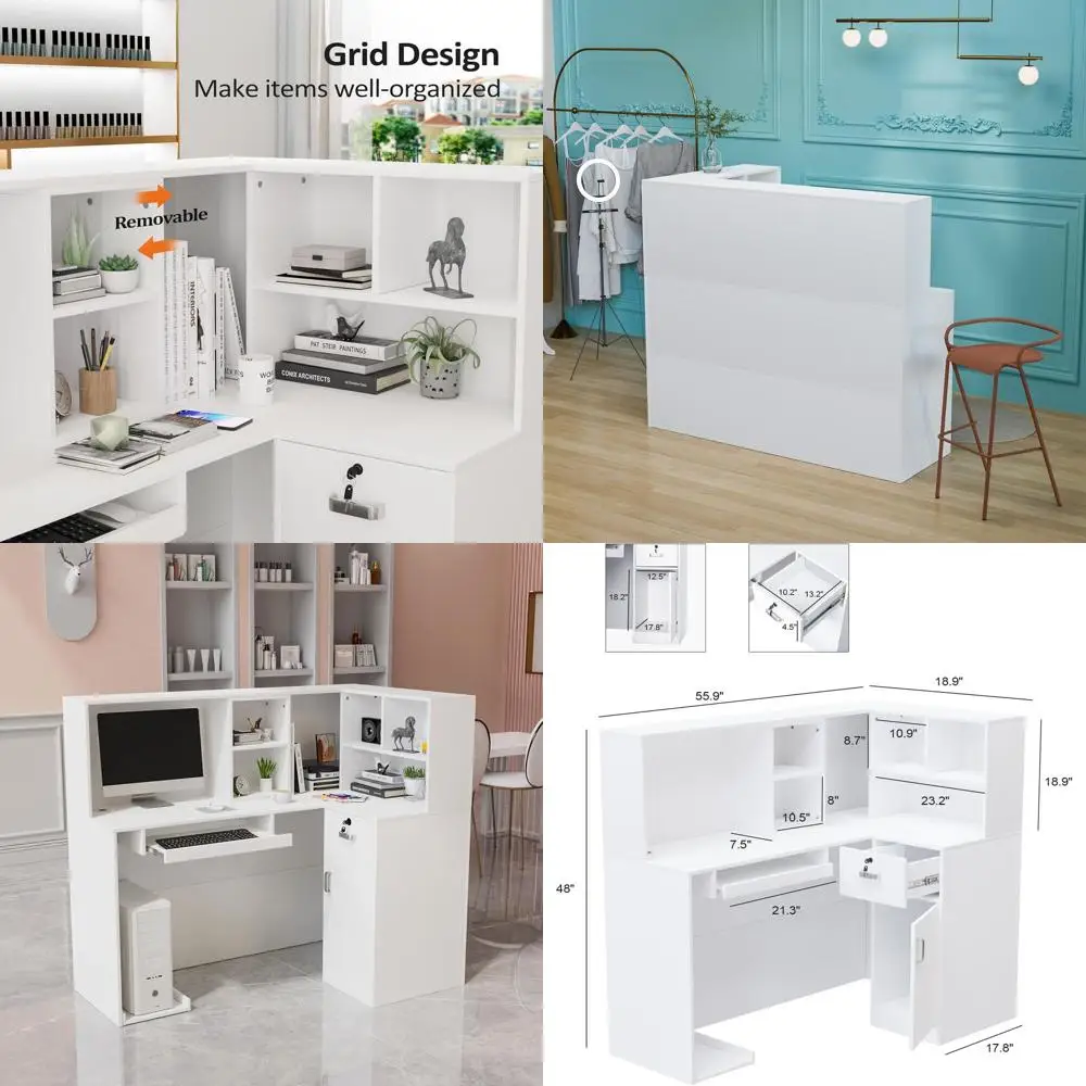 

L-образная стойка ресепшн с регулируемыми полками и запирающимися ящиками, белая (55,9 Ш x 18,9 Г x 48 В)