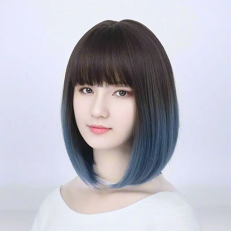 Natural gradient short bob straight hair (with bangs) heat-resistant synthetic wig , suitable for women\'s daily and real party u