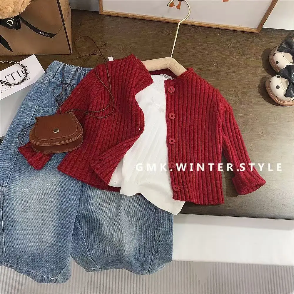

Children's Foreign Sweet Cardigan New Korean Version Of the Baby Girl Autumn Red Temperament Long-sleeved Knitted Jacket