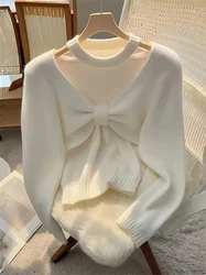 Bomon Harajuku white V-neck neck bow long sleeve sweater sweater 2024 winter and fall new women's casual fashion pullover top