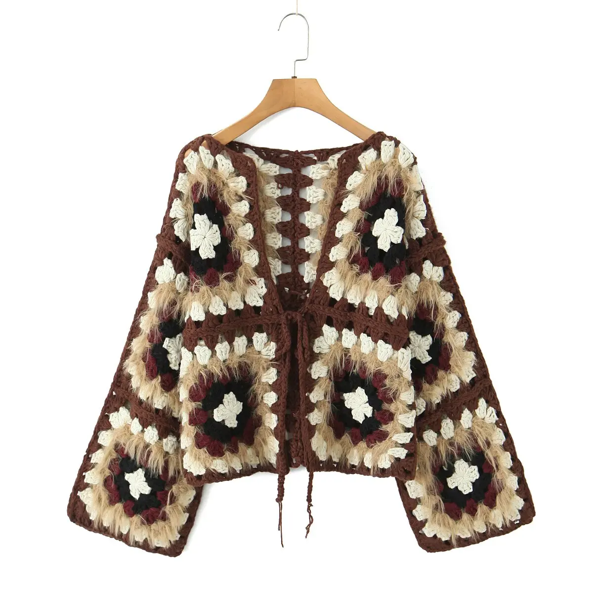BOHO Hairy Shaggy Colored Plaid Flower Hand Crochet Cardigan Ethnic Woman V neck Bow Front Short Sweater Knitwear Jumper