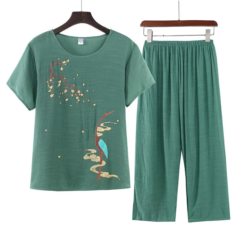 Middle Aged Women Summer Cotton Linen Short Sleeve Two Piece Set Summer Ladies Pajamas Top + Pants Two-Piece Set  Home Service