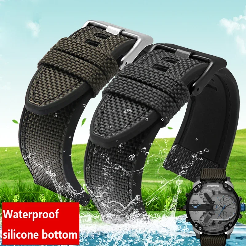 Nylon Black Green Watchband for Diesel DZ4500 DZ4506 DZ7420  Nylon Canvas Silicone Bottom Outdoor Men Watch Strap 24mm 26mm 28mm