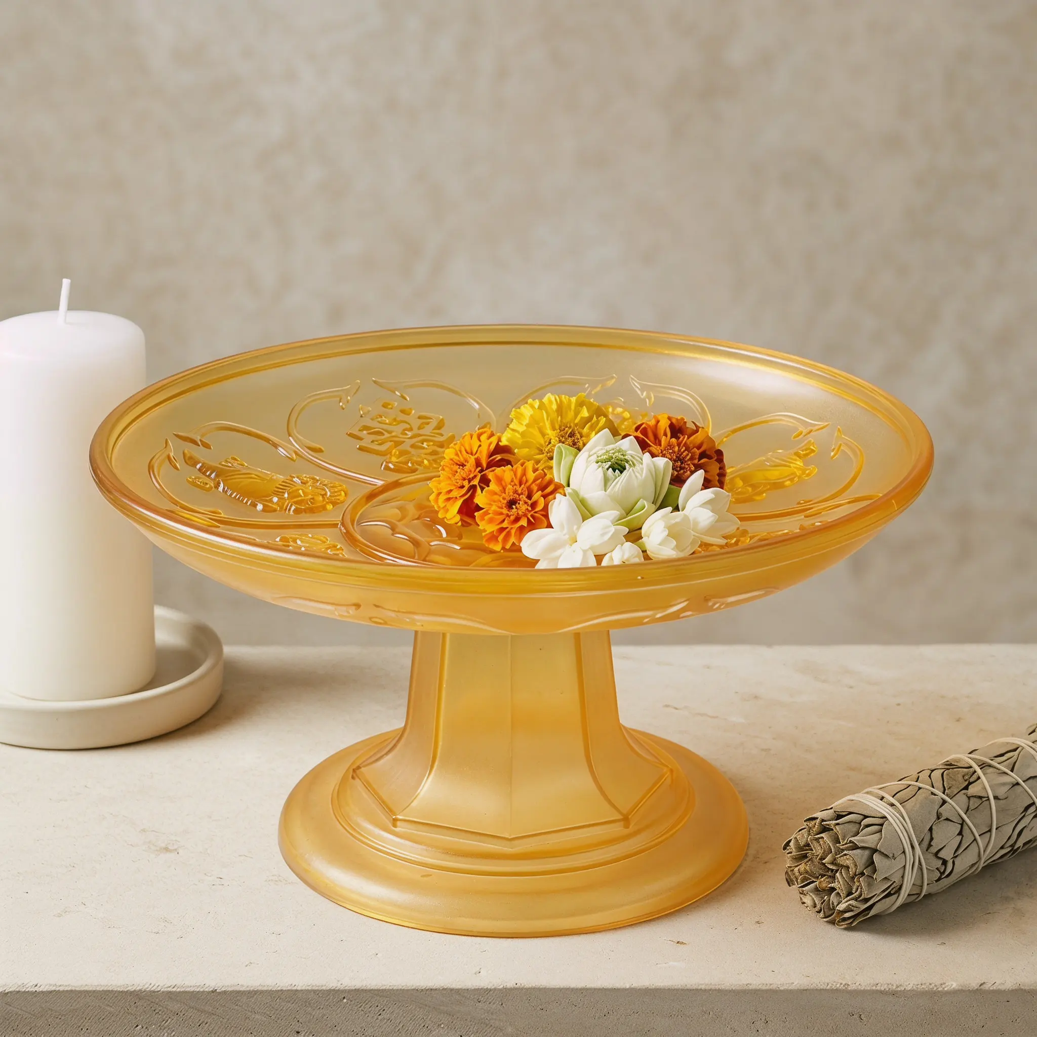 Buddhist Offering Tray Lotus Embossed Golden Pedestal Bowl Household Altar Fruit Plate Temple Worship Prayer Room Ritual Decor