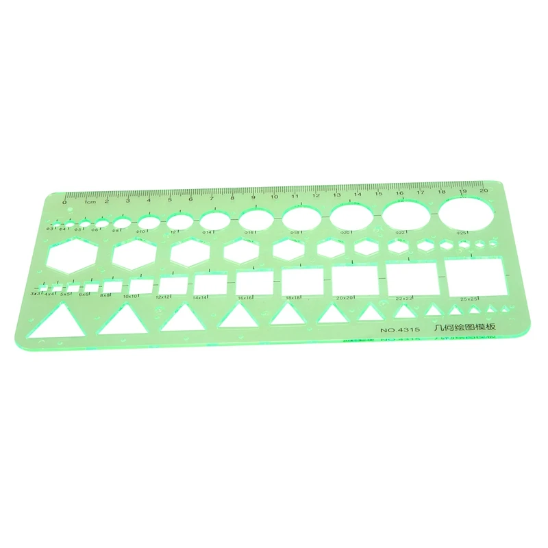 2 x grüne Kunststoff-Kreise, Quadrate, Sechsecke, geometrische Vorlage, Lineal, 0–20 cm