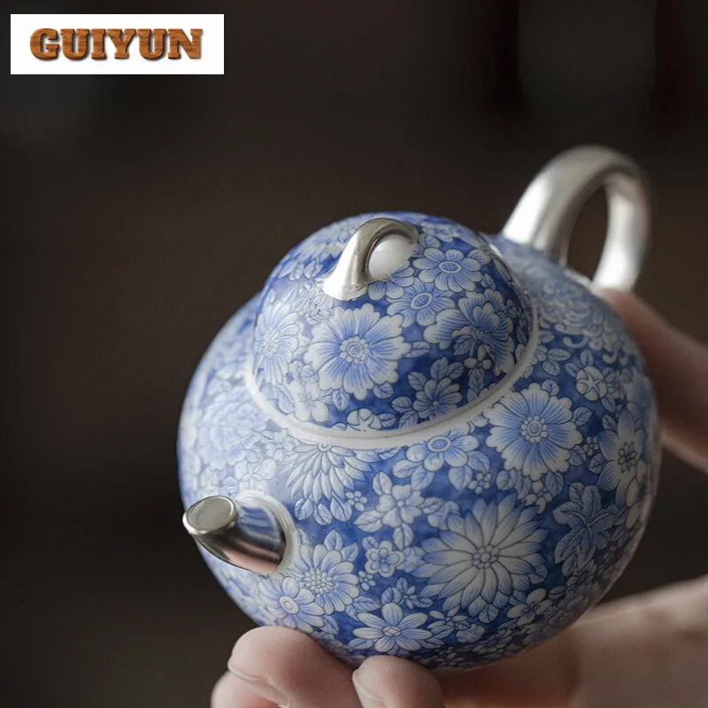 150ml Chiense Blue and White Teapot Retro Enamel Colored Gilded Silver  Pot Tea Maker Kettle Tableware Supplies Collection Gift