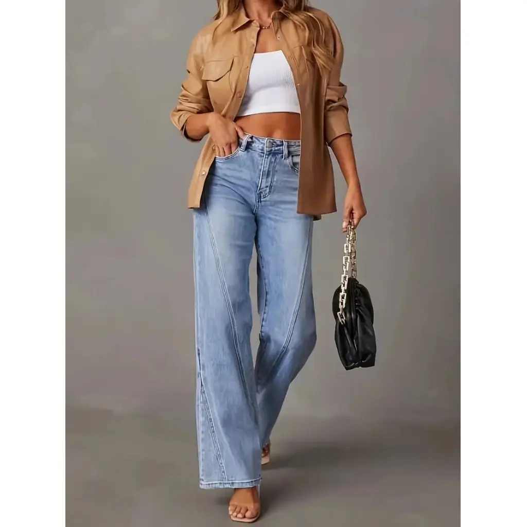 

Large Size Straight Stretch Jeans Blue Denim European And American Style Casual Comfortable Pants with Slanted Flap Pockets