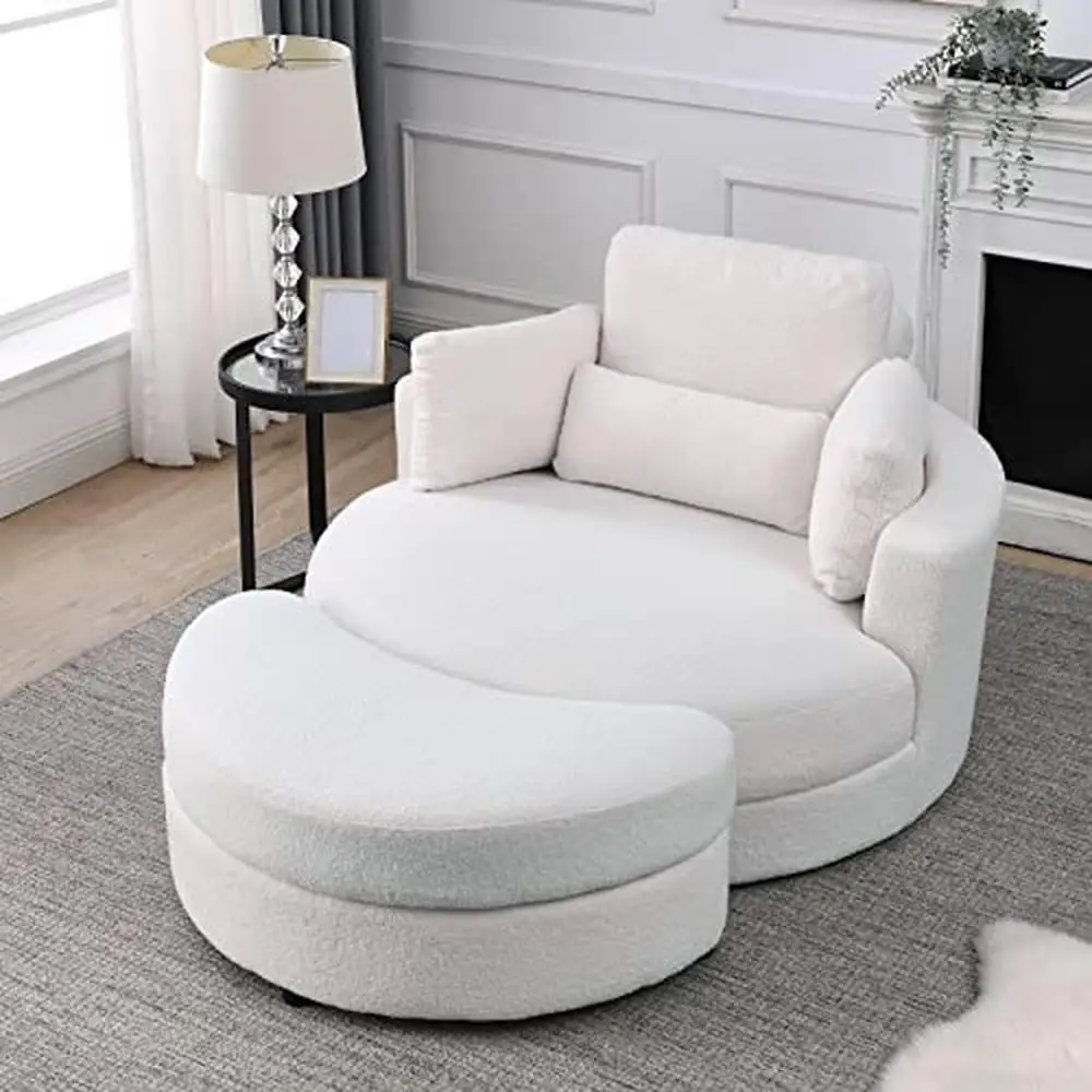 Swivel Accent Barrel Chair Linen Fabric with Storage Ottoman and Pillows Modern Sofa Lounge Club Living Room Decor Oval Shape