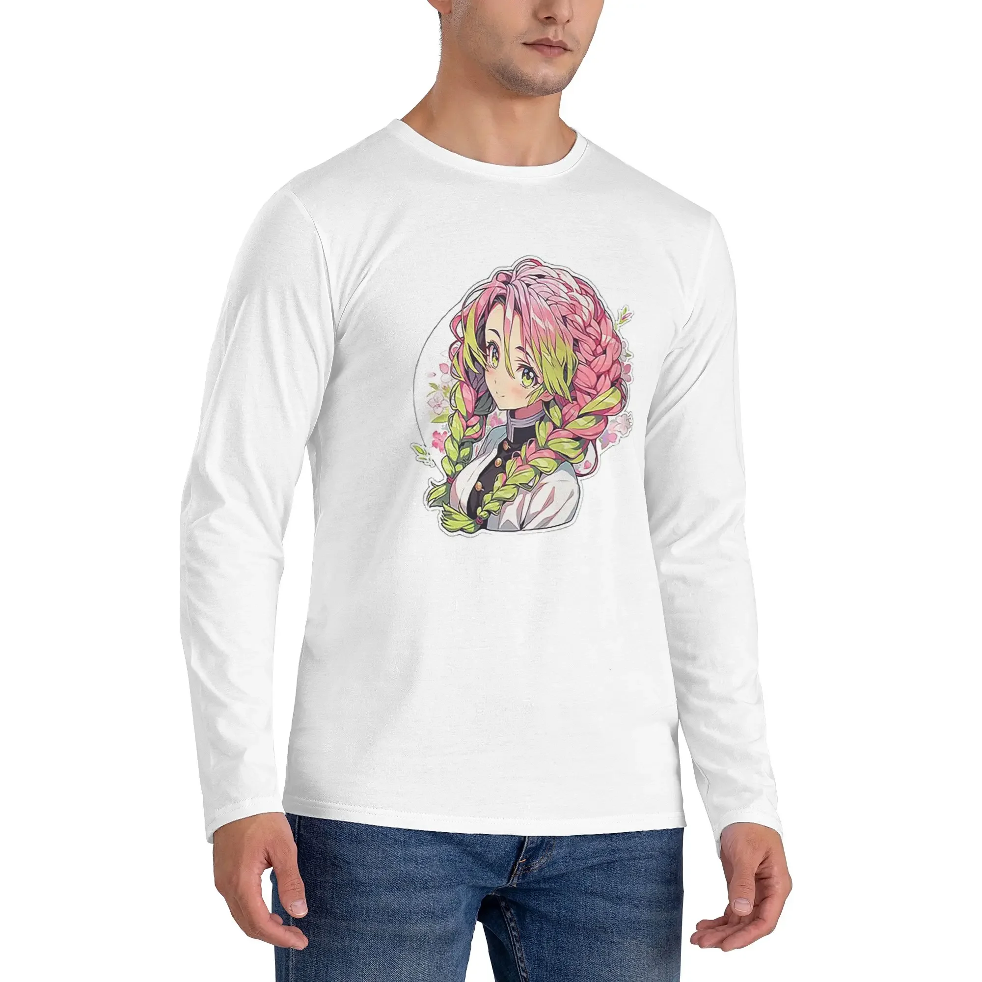 

Mitsuri Kanroji and Iguro Obanai Men's Long Sleeved T-shirt Fashion Round Neck T shirts Spring and Autumn Men tops