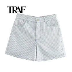 TRAF Striped Bermuda Shorts Woman High Waist Mini Shorts for Women Streetwear Casual Shorts Women Holiday Beach Women's Shorts