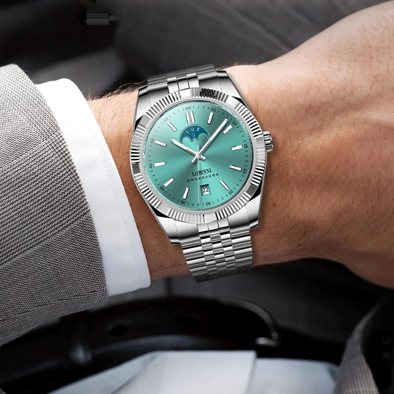 LOBINNI деловые мужские автоматические механические часы MIYOTA 8205, механизм, светящееся сапфировое стекло, водонепроницаемые часы, часы-календарь