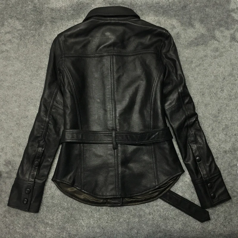 2023 Fashion Autunm Winter Women Black Genuine Leather Motorcycle Natural Sheepskin Coat Female Jackets 0211