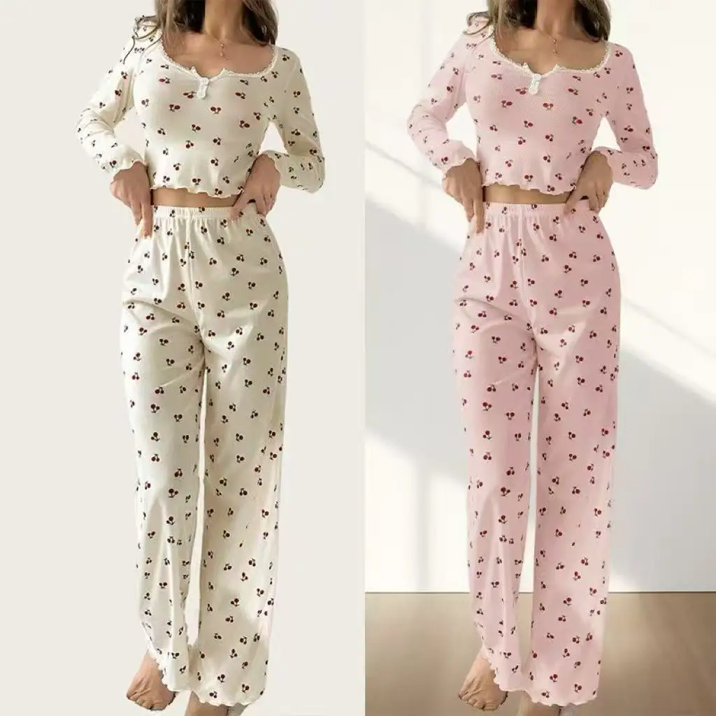 

New Casual Suit Casual Cherry Print Women's Clothing Women's Loungewear Trousers Long-sleeved Pajamas
