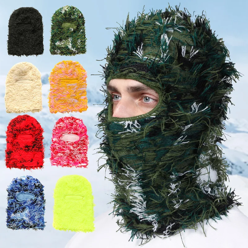 

Balaclava Distressed Knitted Full Face Ski Mask for Men Women Camouflage Beanies Hats Windproof Winter Warm Bonnet Bucket Hat