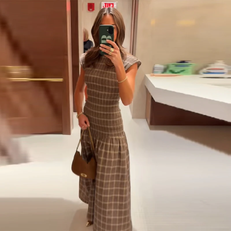 Vintage xadrez midi vestido smocked corpete manga boné em camadas design retro xadrez fino ajuste feminino escritório chique outono commuter wear