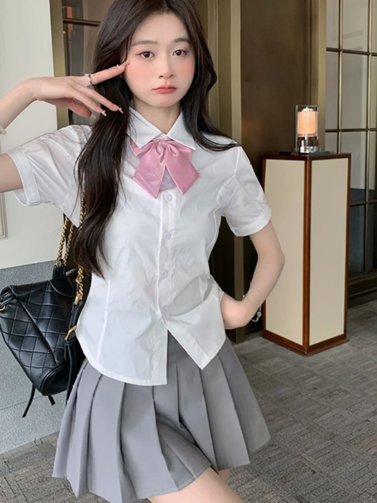 

White Short Sleeve Neck Bubble Sleeve Shirt JK Uniform Design Summer Collection Women's Fashion Slim Fit Pure Color Shirt