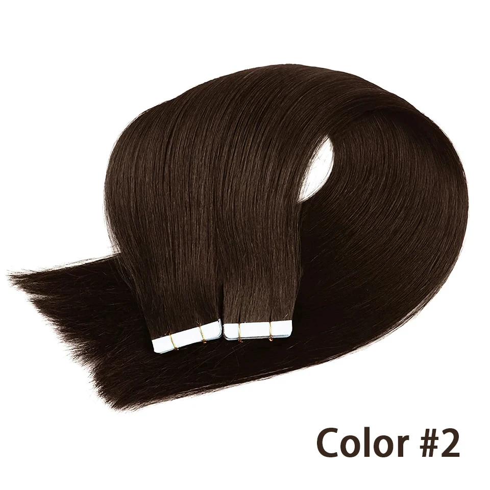 Extensiones de cabello humano tape-in liso natural color #2 marrón invisibles 100% cabello humano real 6