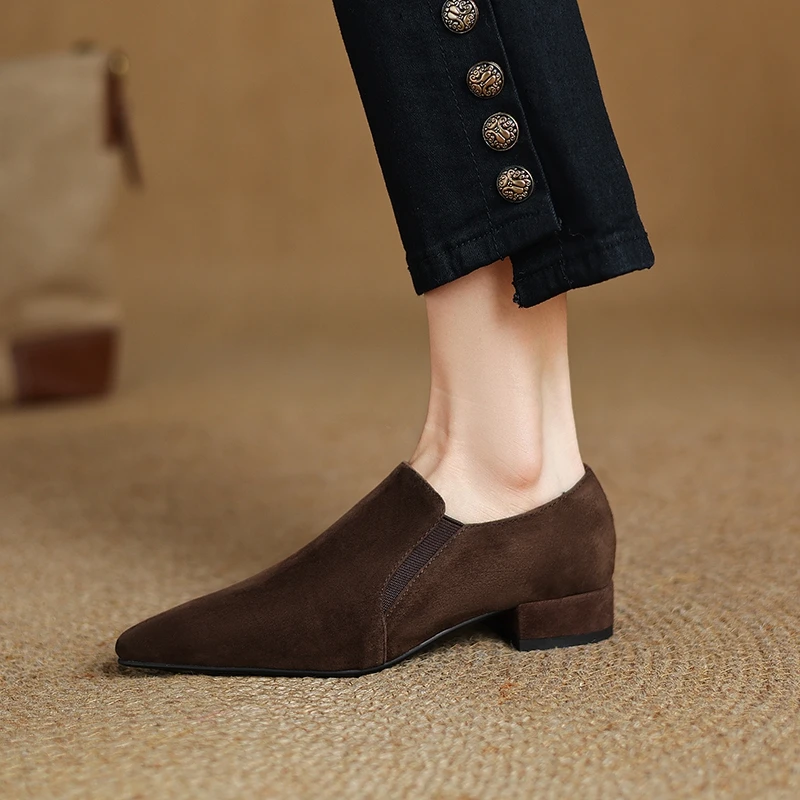 

Women's new spring and autumn pointed leather sheep suede comfortable low heel plus size retro work Oxford shoes