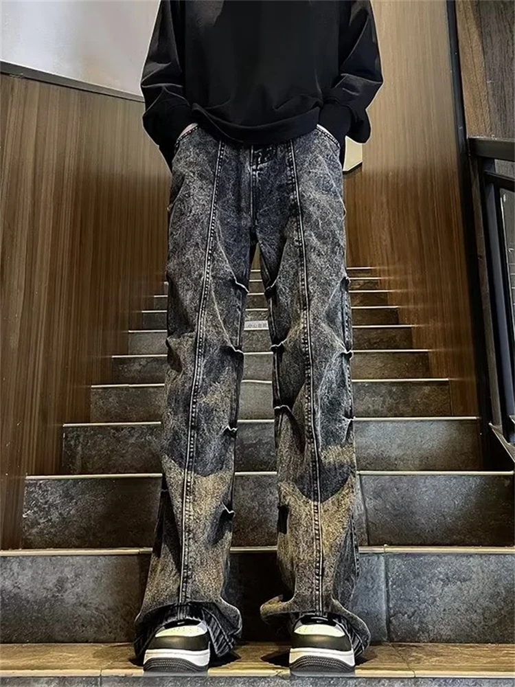 Retro American Washed Faded Bell Bottom Jeans Men Loose High Street Long Trousers Casual Straight Leg Denim Jeans for Teens