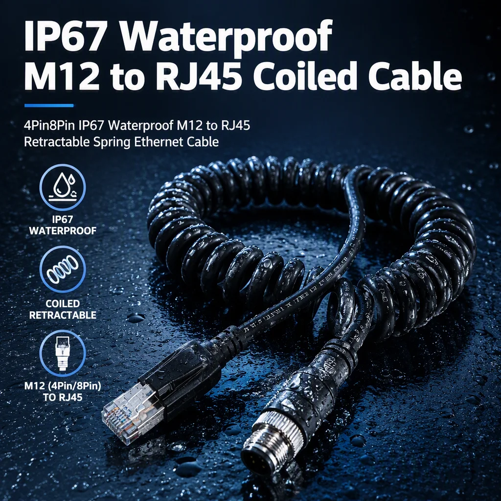 IP67 M12 To RJ45 Coiled Ethernet Cable PUR Male Female 4Pin 8 Pin X-type Waterproof Shielded Spring Network Cable for Industrial