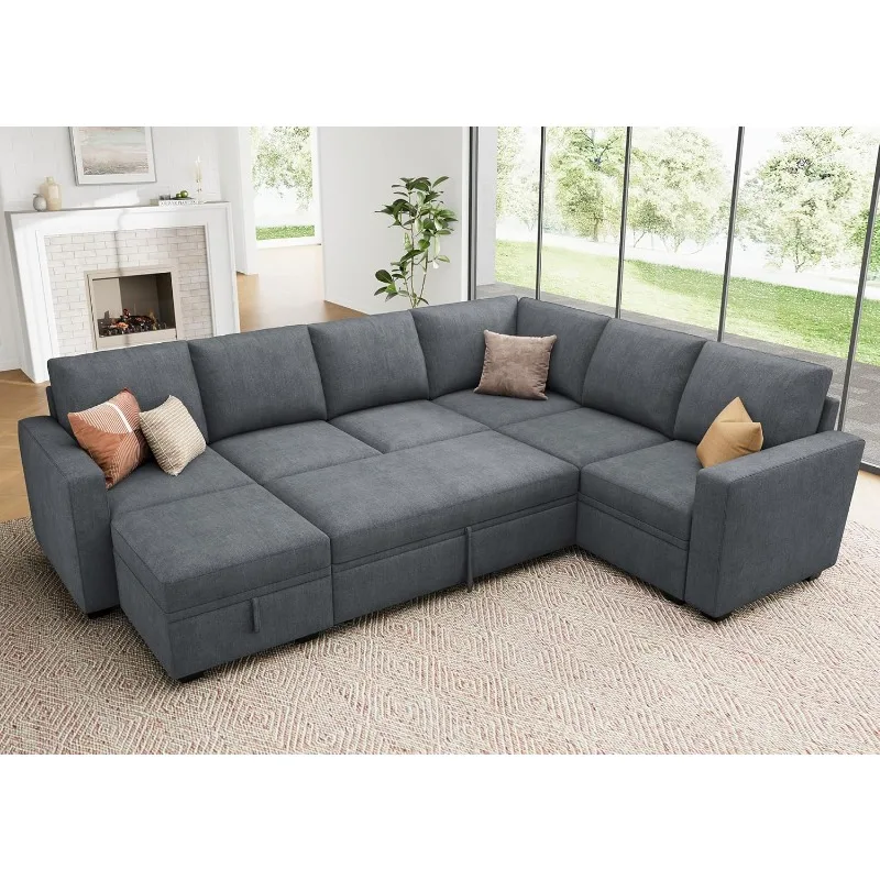 

Modular Sectional Couch with Pull Out Bed, Chenille Sleeper Sofa with Storage Seats Ottoman, U Shaped Sectional Couches f