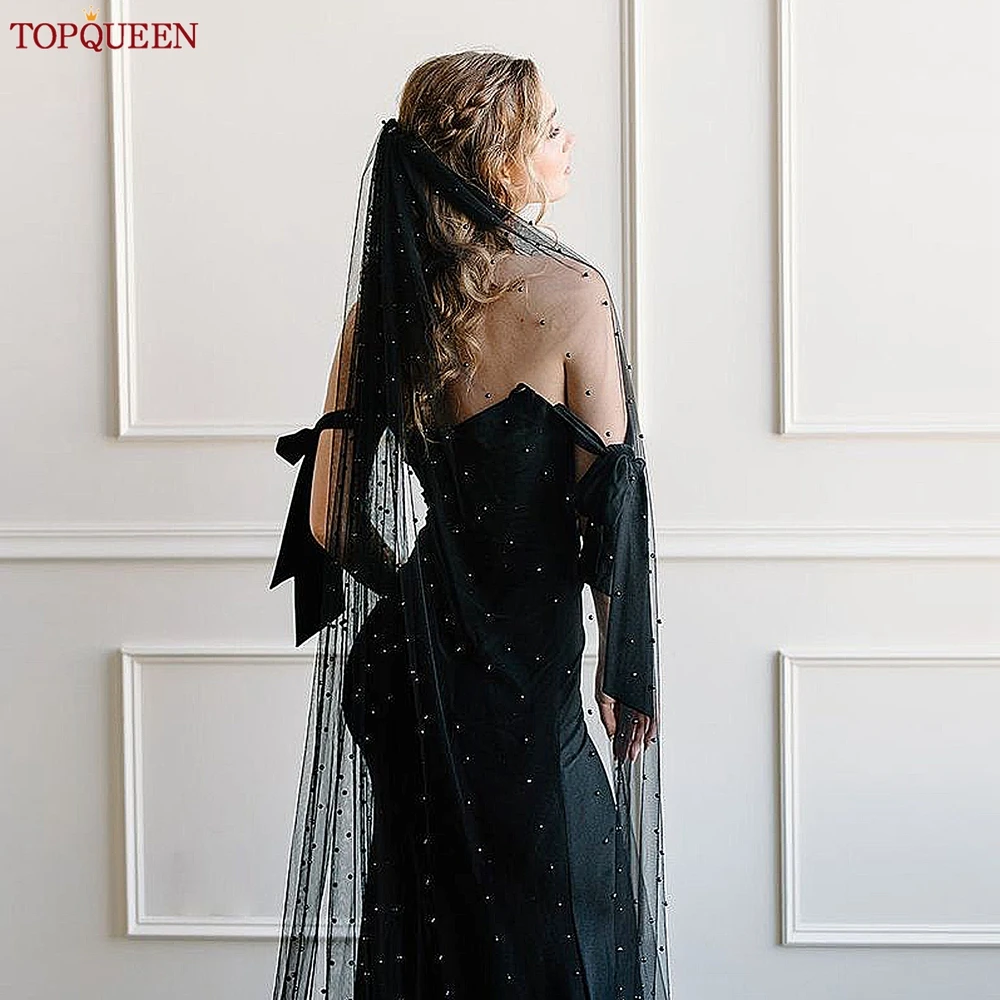 

TOPQUEEN Свадебная фата с черным жемчугом и расческой, расшитая бисером, свадебные аксессуары, 3 м, соборная свадебная фата, настраиваемая V05