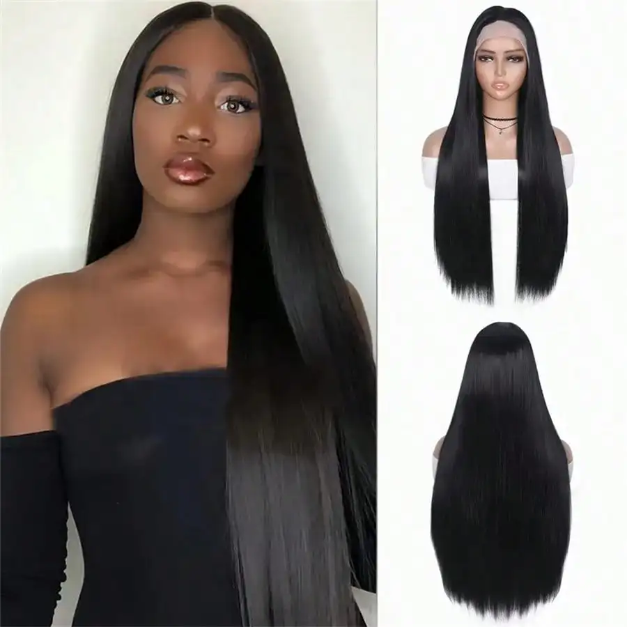 

Realistic Black Lace Front Wigs for Women 24 Inches Long Straight 13*4 Natural Frontal Lace High Quality Synthetic in Daily Use