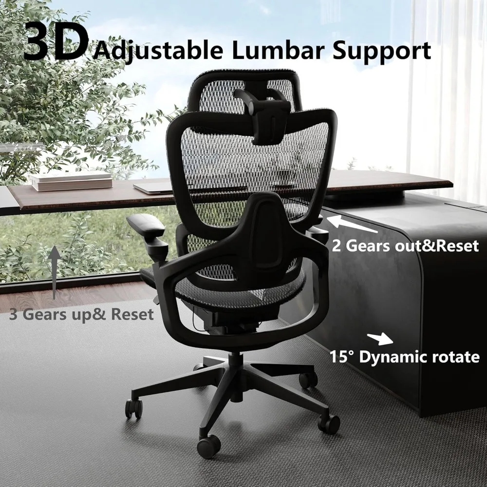 Ergonomic Office Chair, Large Size Home Desk and Chair, with Adjustable 3D Lumbar Support and Mesh Fabric