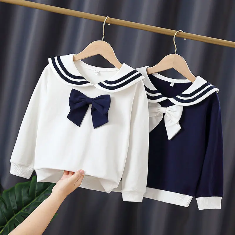 Kids Girls Tops Spring Autumn Cotton Navy Collar Bow Hoodies for Teenager Girls Casual Loose Hooded Sweater Children\'s Clothing