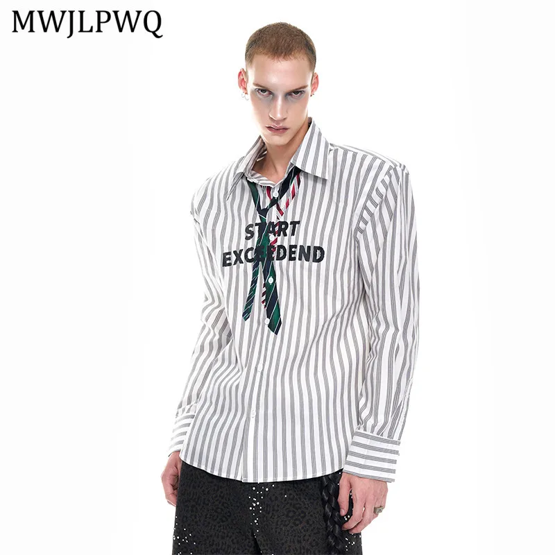 

MWJLPWQ Striped Tie Printed Long Sleeve Shirt Street Autumn Pad Shoulder Lapel Single Breasted Loose Men's Casual Tops 11582