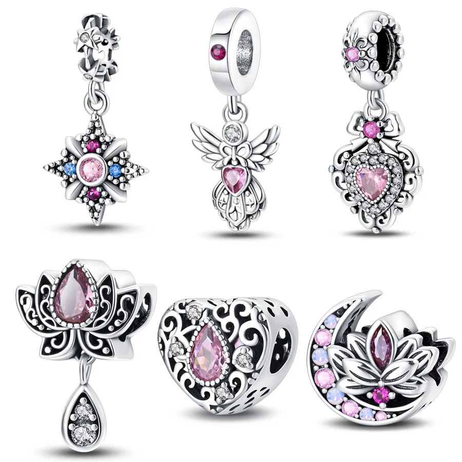 Original Charms Silver Plated Beads Fit Bracelets Bag Charms Diy Women Gift Accessory Lotus Angel Moon Pink Crystal Pendant