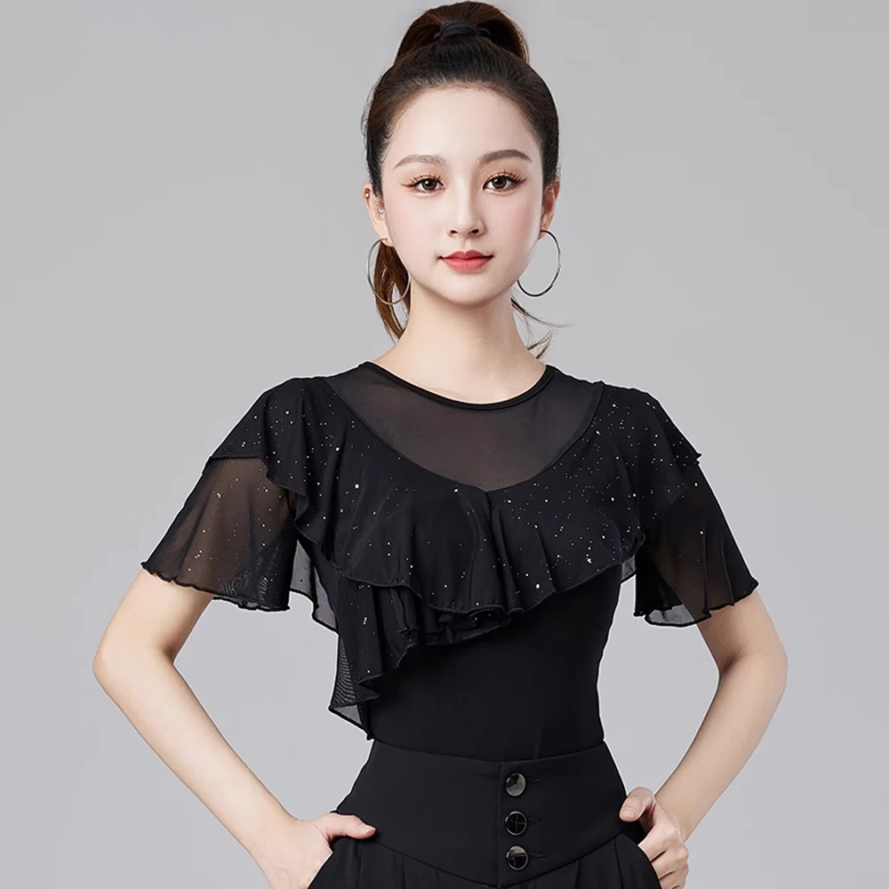 

Ballroom Dance Costume Sequin Lotus Leaf Sleeve Top Tango Standard Waltz Competition Practice Wear Female Adult Dancewear AMY401