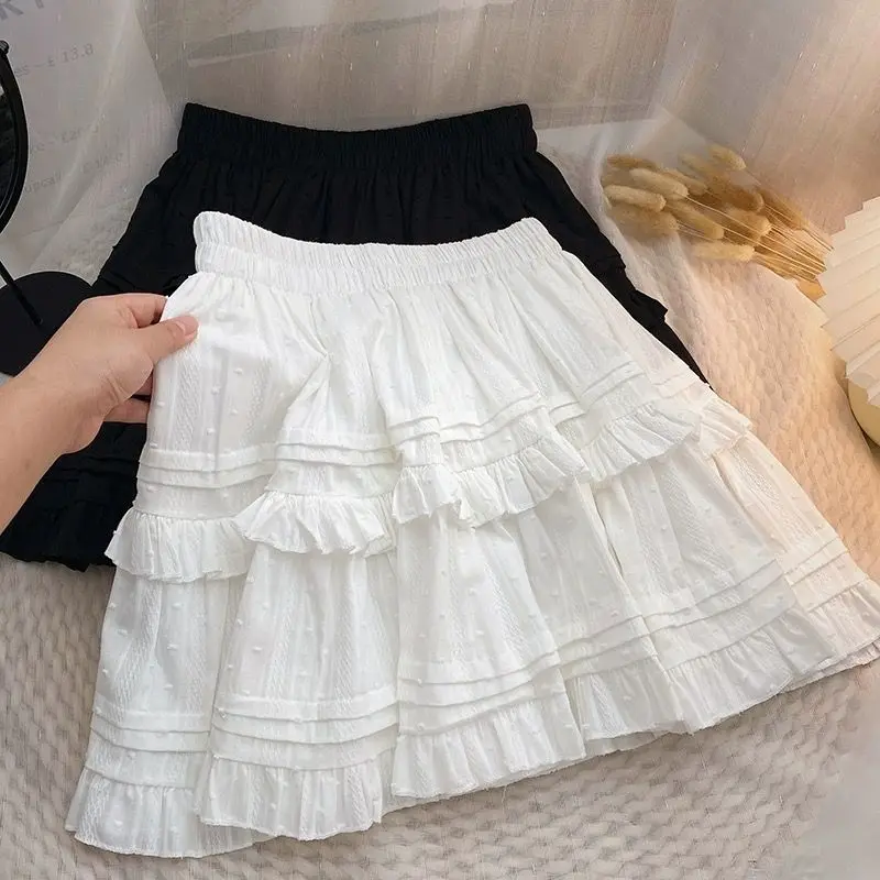 

Women Sweet Ruffle Edge Short Skirt Summer New Slimming Versatile Elastic High Waisted Solid Color Ladies Half Skirts