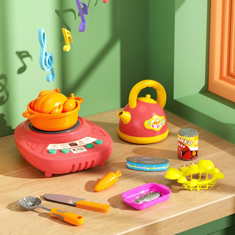 أطقم إكسسوارات المطبخ للأطفال محاكاة تأثير الصوت لعب الأدوار لعبة طفل مجموعة أواني الطبخ، قطع أطباق الطعام هدية