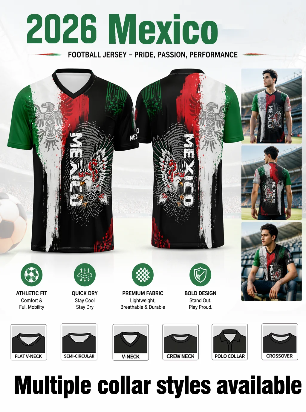 2026 Mexico soccer jersey with splattered national‑flag colour and eagle totem, quick‑dry fabric and six collar selections