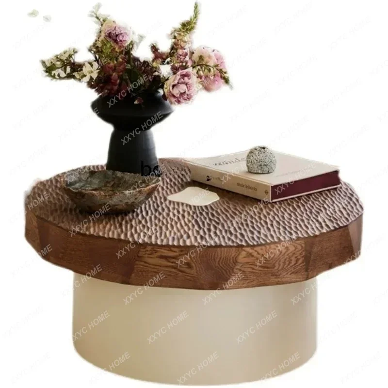 Medieval wabi-sabi wind retro round solid wood coffee table living room creativity, log carving coffee table