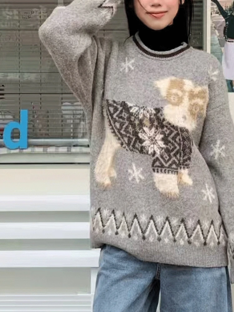 

American Thicken Winter Crew Neck Knit Sweater Dog & Snowflake Design Women's Loose Kawaii Casual Style for Winter Harajuku Y2K