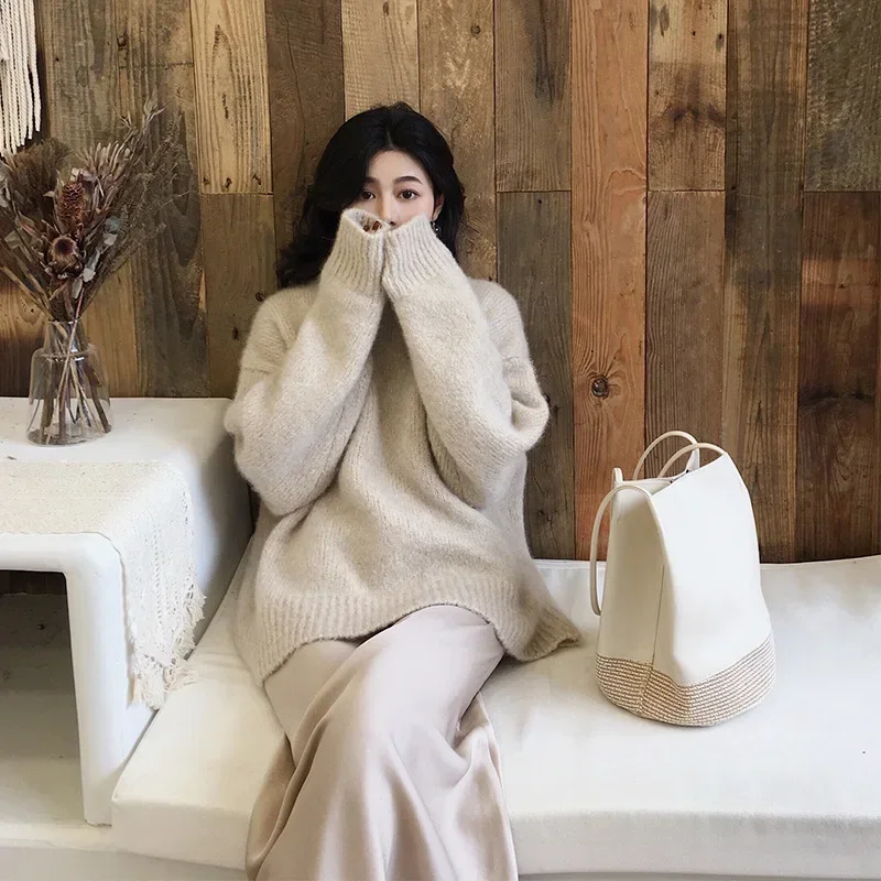 

Autumn/Winter New Solid Color Knit Sweater Women's Vintage Loose Fit Inner Pullover Idle Style Round Neck Outer Wear