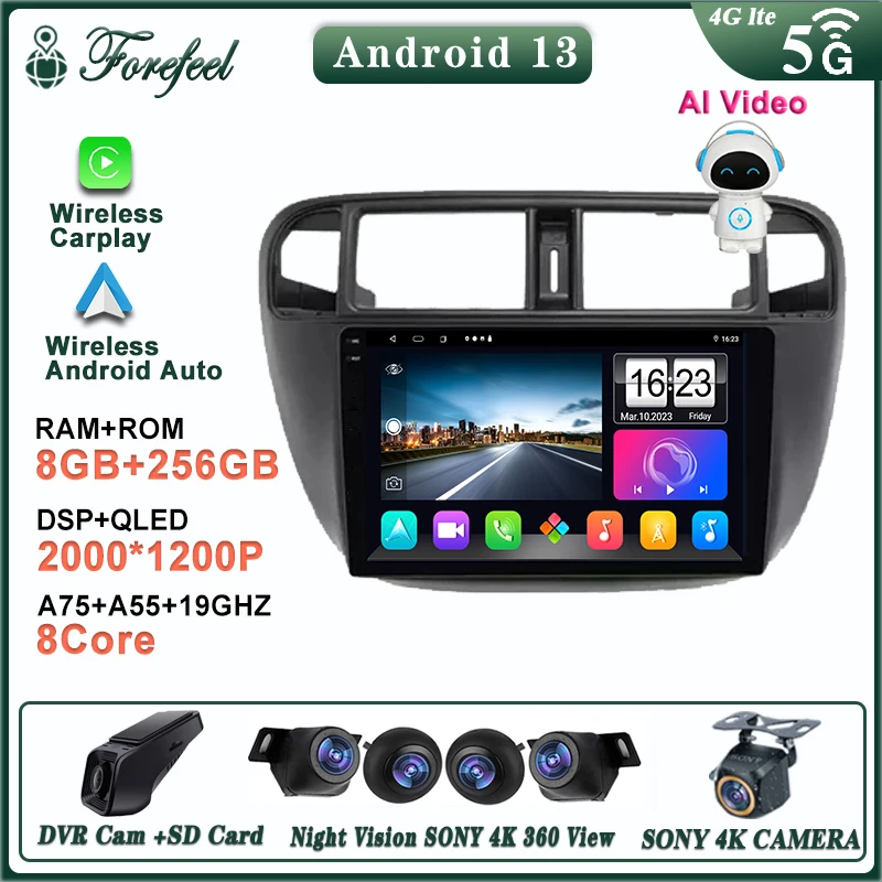 

Android 13 For Honda Civic (EJEKEM) 1995 - 2001 Multimedia Car Radio Monitor Screen Video Player GPS Navigation Stereo Head Unit