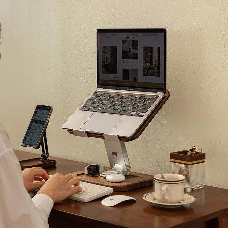 Wooden rotating desktop shelf computer tablet stand artifact