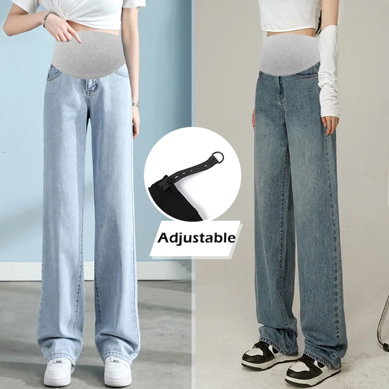 Wide Leg Denim Maternity Long Jeans Spring Autumn High Waist Support Belly Pants for Pregnant Women Retro Casual Baggy Pregnancy