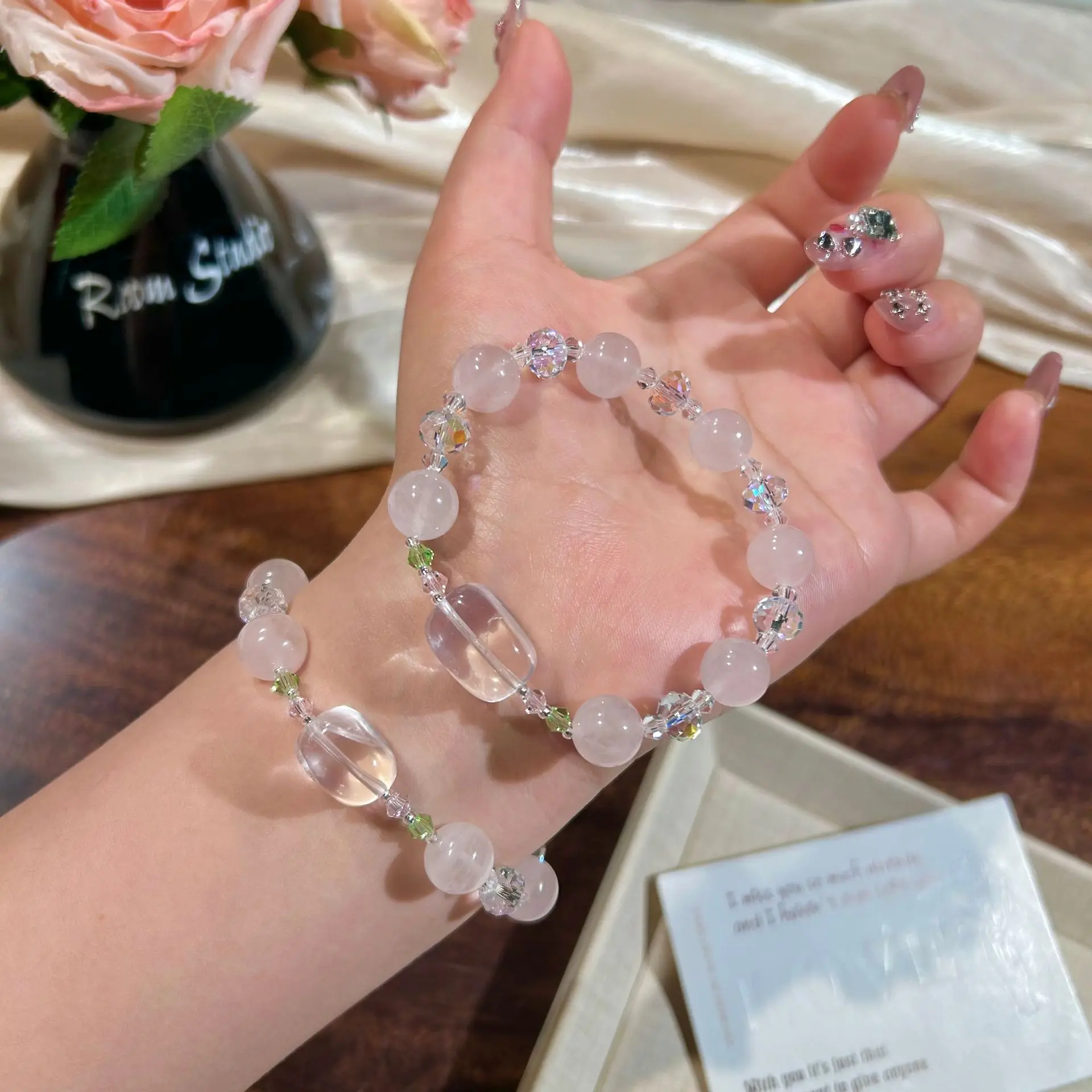 

Natural Rose Quartz/Clear Quartz Single Strand Bracelet for Women Sweet Beaded Bangle Minimalist Hand Jewelry Accessory Gifts