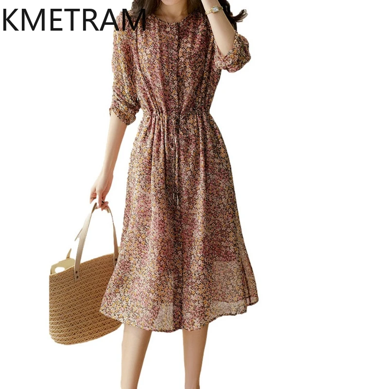KMETRAM 100% Robe chemise en soie de mûrier Femme robes florales élégantes pour Femme vêtements de haute qualité Robe d'été 2025 Robe Femme